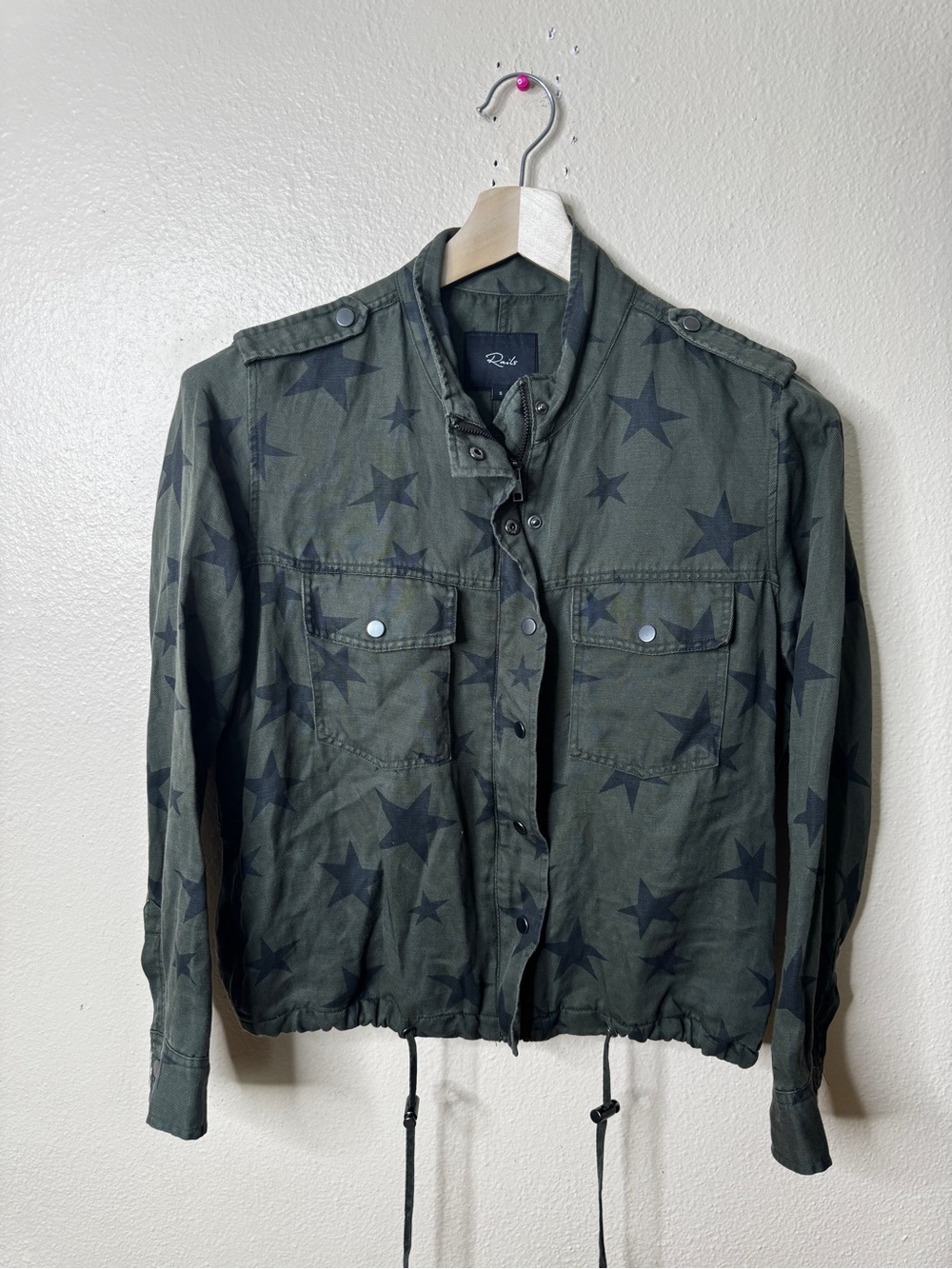 Rails Collins Jacket Womens Small Green Black Stars Linen Blend Military Utility
